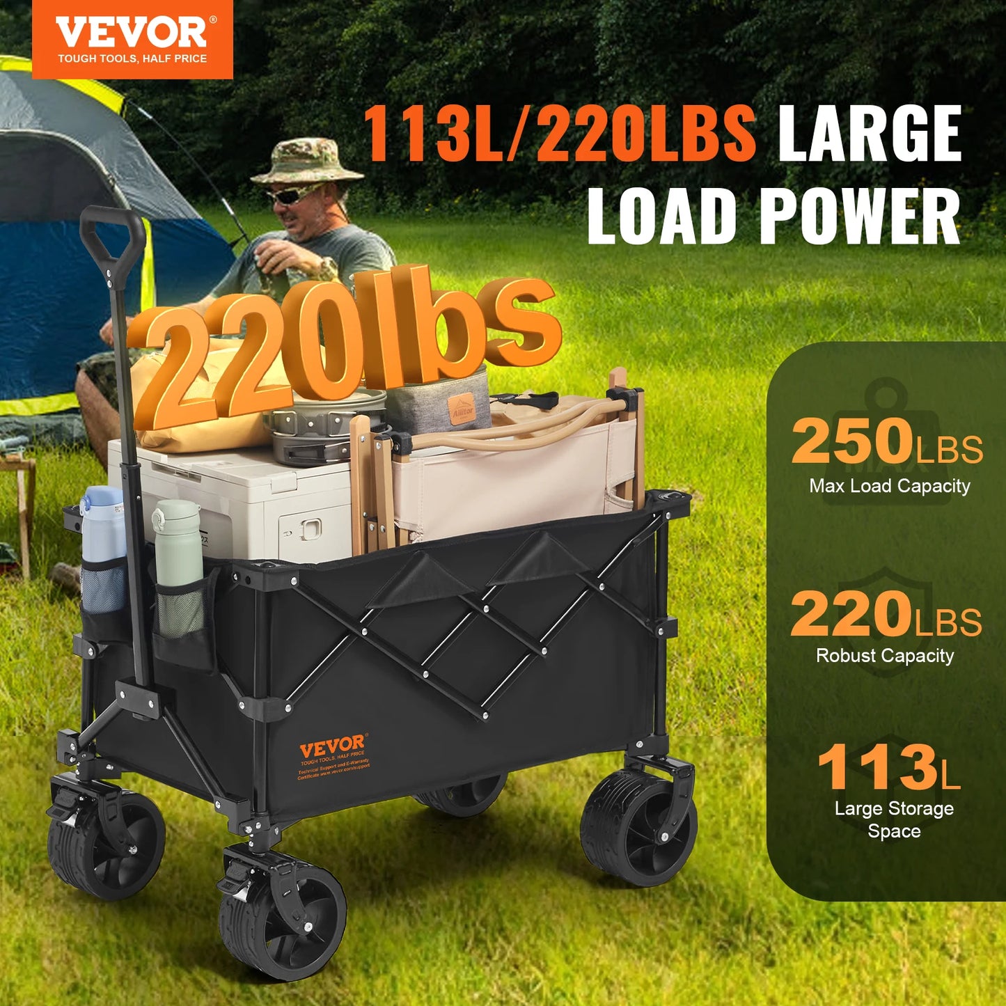 VEVOR Collapsible Folding Beach Wagon Cart with All Terrain Wheels and Drink Holders for Camping Shopping and Garden