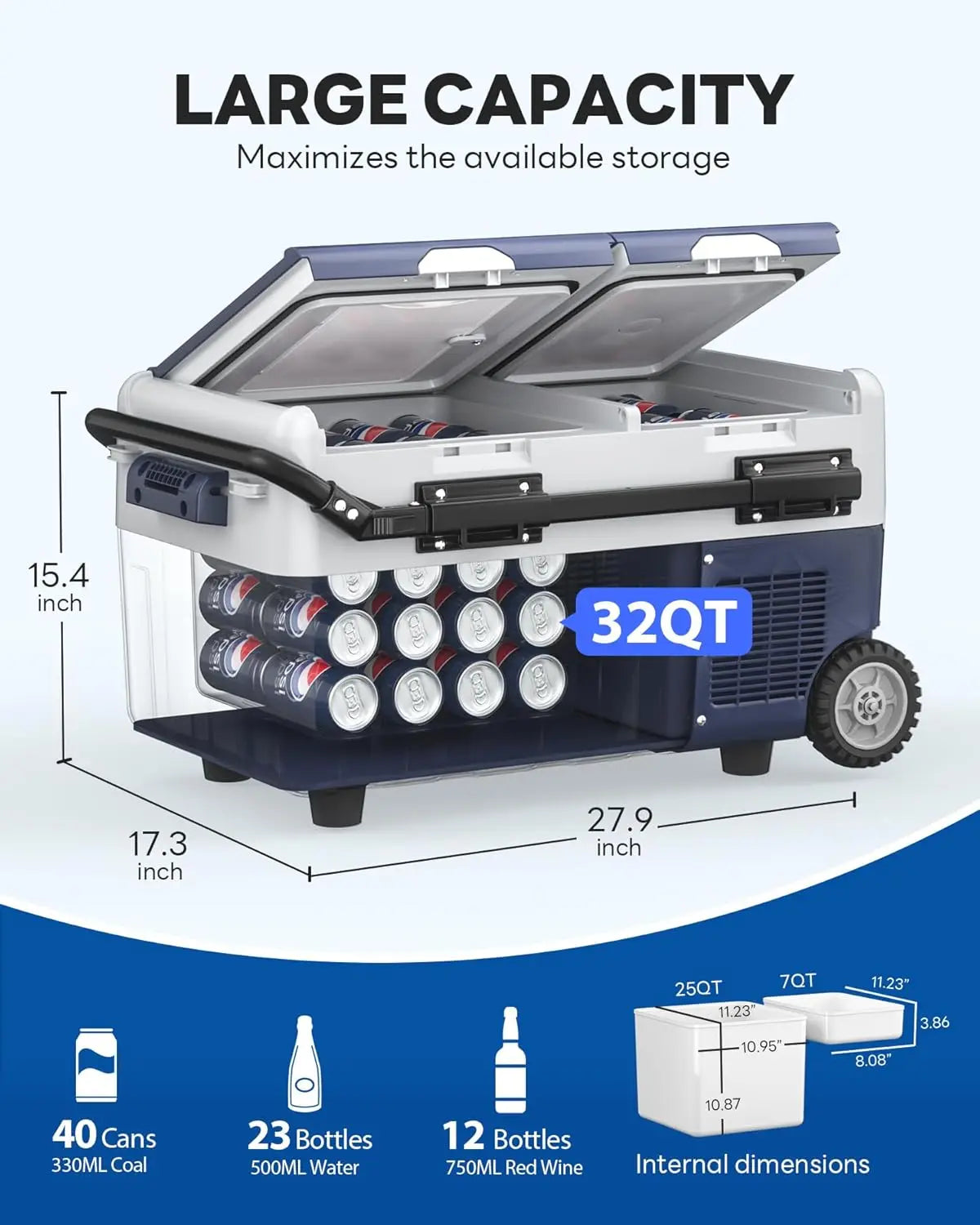 12 Volt Car Refrigerator, 32QT(30L) Dual Zone Portable Car Fridge Freezer -4℉-68℉ Electric Cooler Dual Temp Control Cooling Free