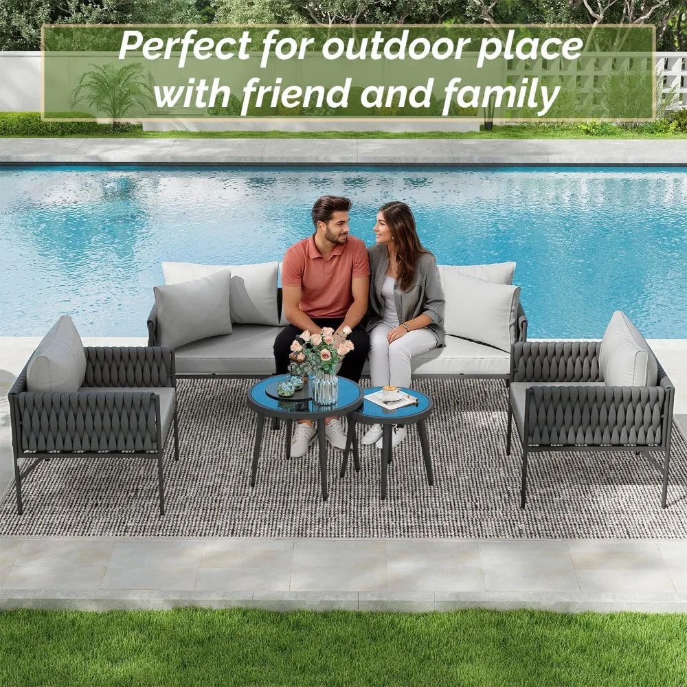 Aluminum 7-Piece Outdoor Patio Furniture Set, Conversation Sets with Comfortable Cushions, outdoor sectional and Tempered Glass
