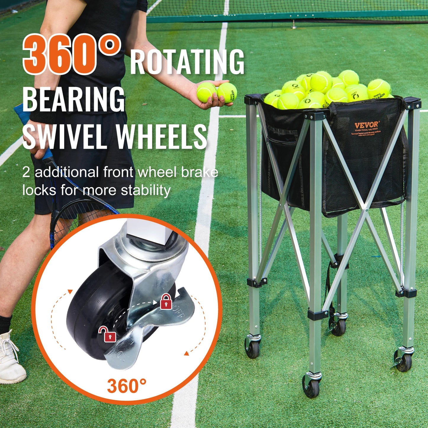 VEVOR Foldable Tennis Ball Cart Holds 150/180 Tennis Balls Basket Hopper with Wheels Sports Teaching Portable Baseball Trolley