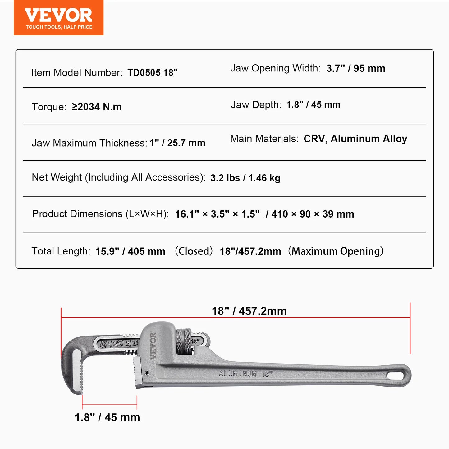 SucceBuy Pipe Wrench Aluminum Straight Pipe Wrench Adjustable Plumbing Wrench High Strength Jaw & Ergonomic Handle Automotive