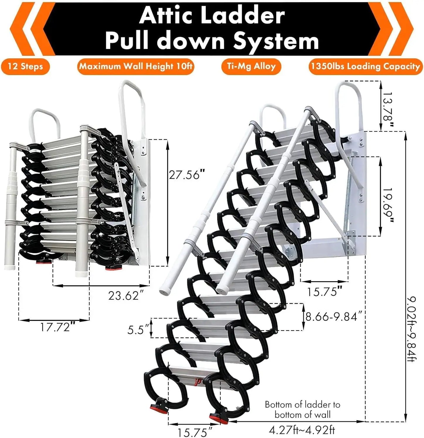Attic Ladder Pull Down System, Wall Mounted Folding Attic Stairs, Titanium Magnesium Aluminum Alloy Telescoping Attic Ladder .