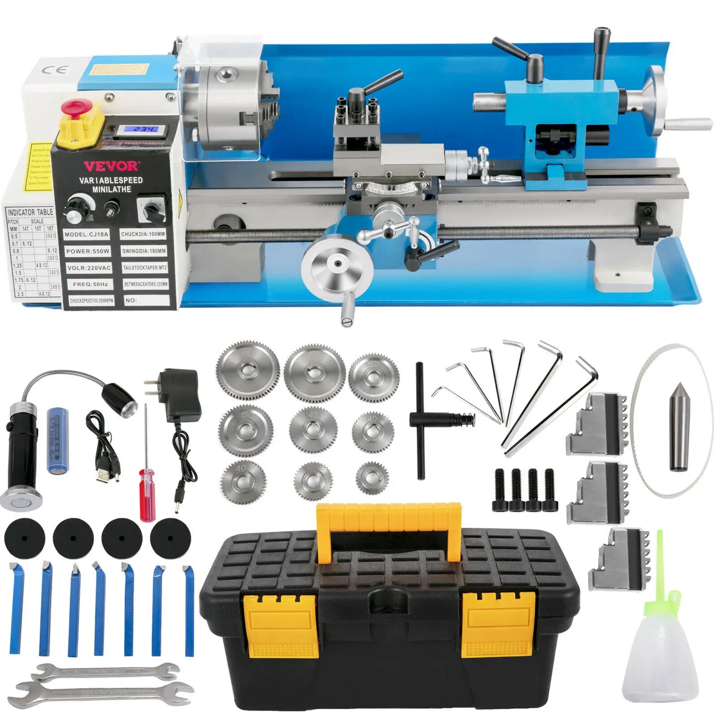 SucceBuy Mini Metal Lathe Machine 7"x14" 550W 180x350mm Variable Speed + 3 Jaw Chuck for Metalworking Turning Drilling Threading