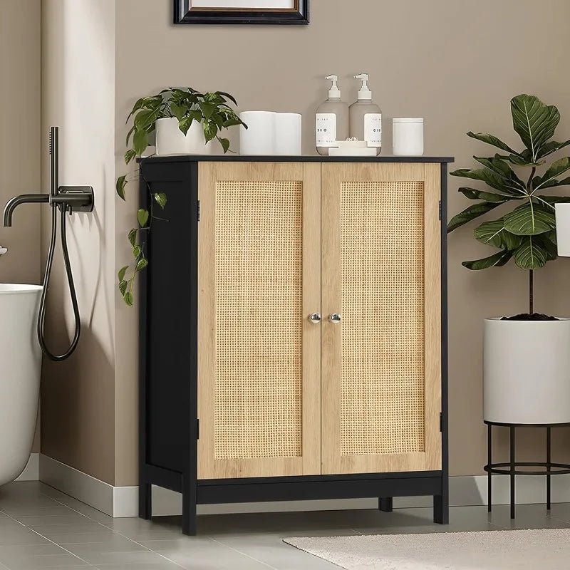 Storage Cabinet with Rattan Doors Adjustable Shelf Floor Cabinet for Living Room Entryway and Kitchen