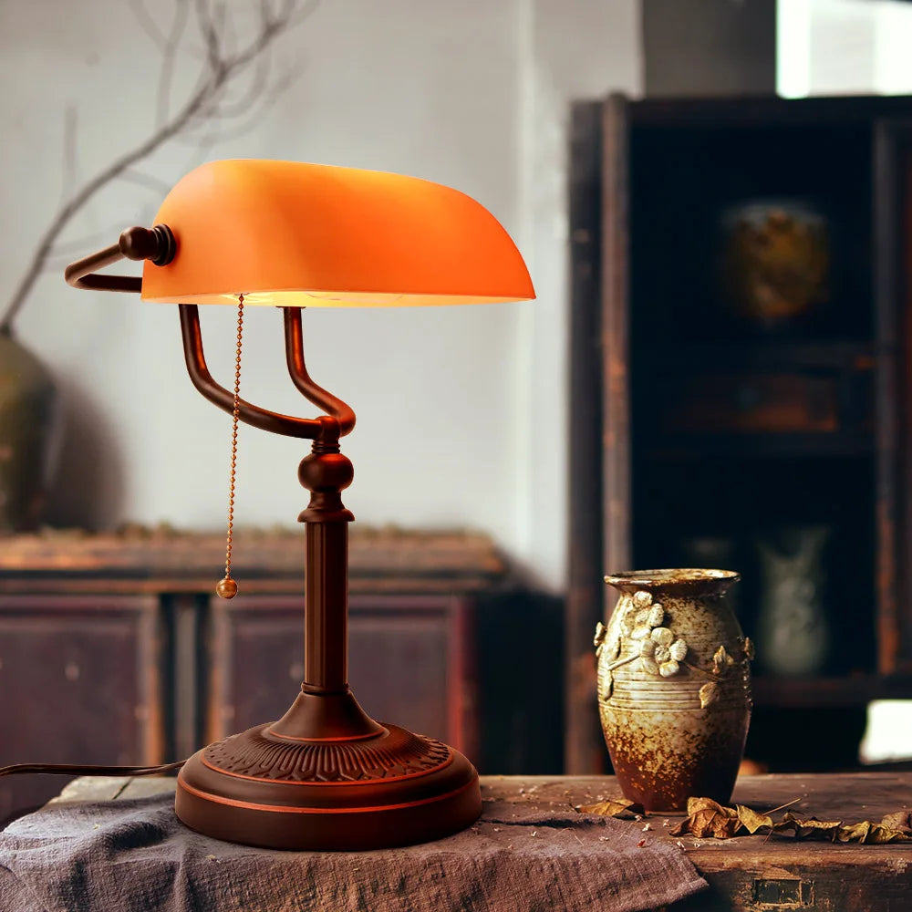 Matted Orange Glass Bankers Desk Lamp with Pull Chain Switch Plug in Fixture living room bedroom bedside study desk lamp