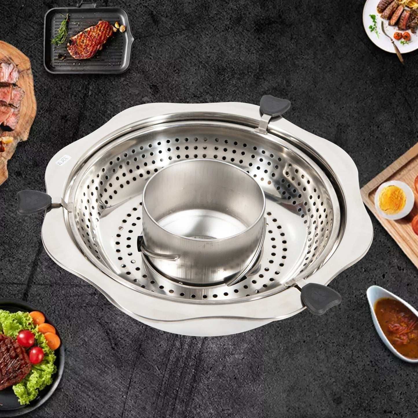 32cm Stainless Steel Rotating Hot Pot W/soup Filtering Grid, Mandarin Ducks Hotpot Detachable Double Layer Design