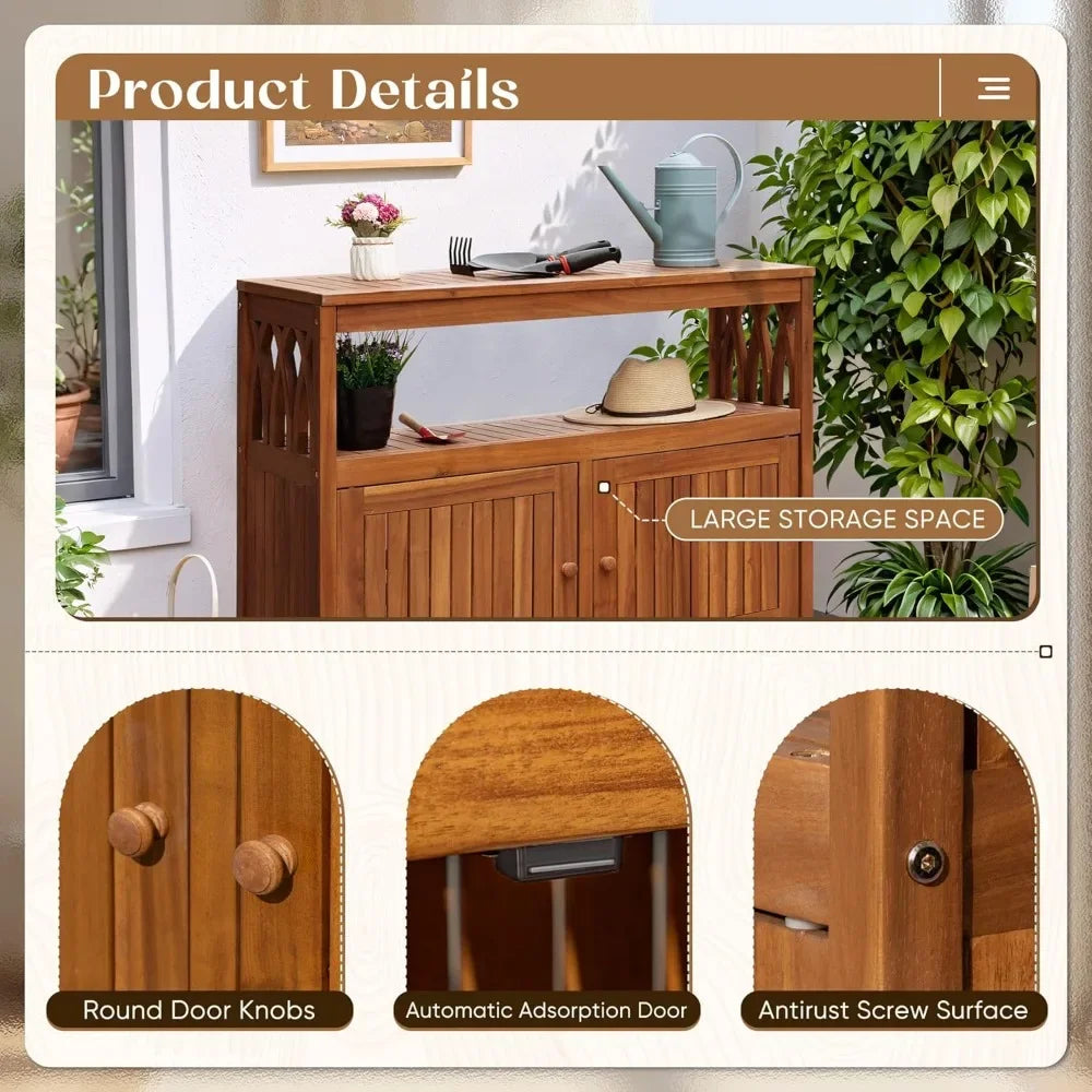 Outdoor Storage Cabinet Weatherproof Acacia Wood Outdoor Cabinet with 2 Magnetic Doors Used for Outdoor Storage, (Brown)