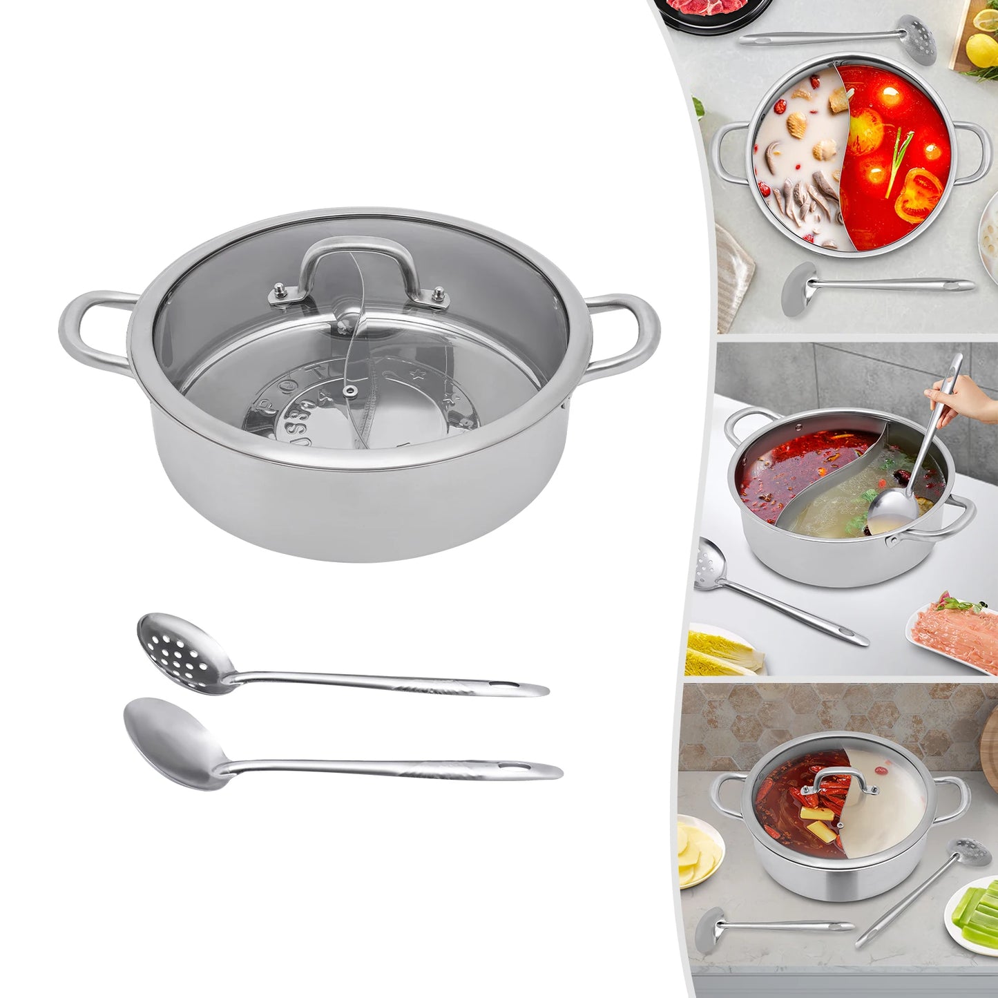 28/32/34cm 304 Stainless Steel Hot Pot with Divider Hot Pot Set Pot with Glass Lid Hot Pot with Spoon and Leaky Spoon