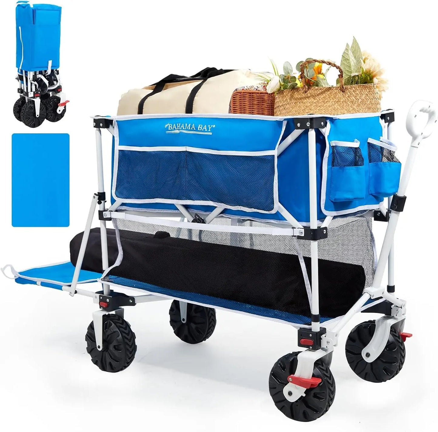 400L Collapsible Double Decker Beach Wagon with Brakes Folding Beach Cart with 54" Extra Long Decker 450LBS Heavy Duty Wagon Cha