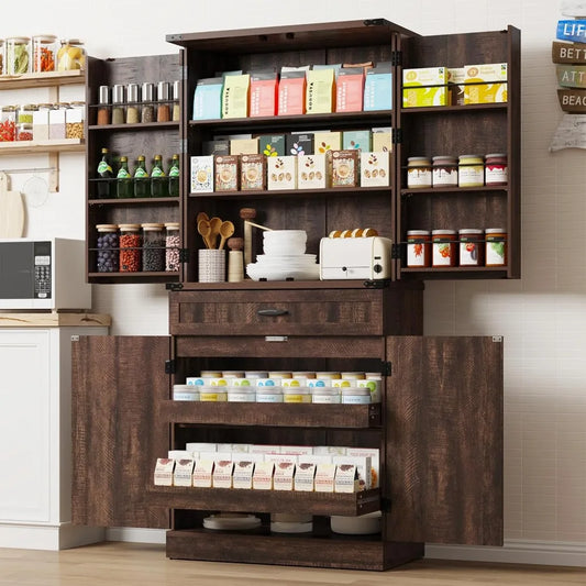 71" Tall Kitchen Pantry Cabinet with 3 Drawers,Farmhouse Storage Cabinet with 6 Barn Door Shelves,with Load-Bearing Steel Pipe