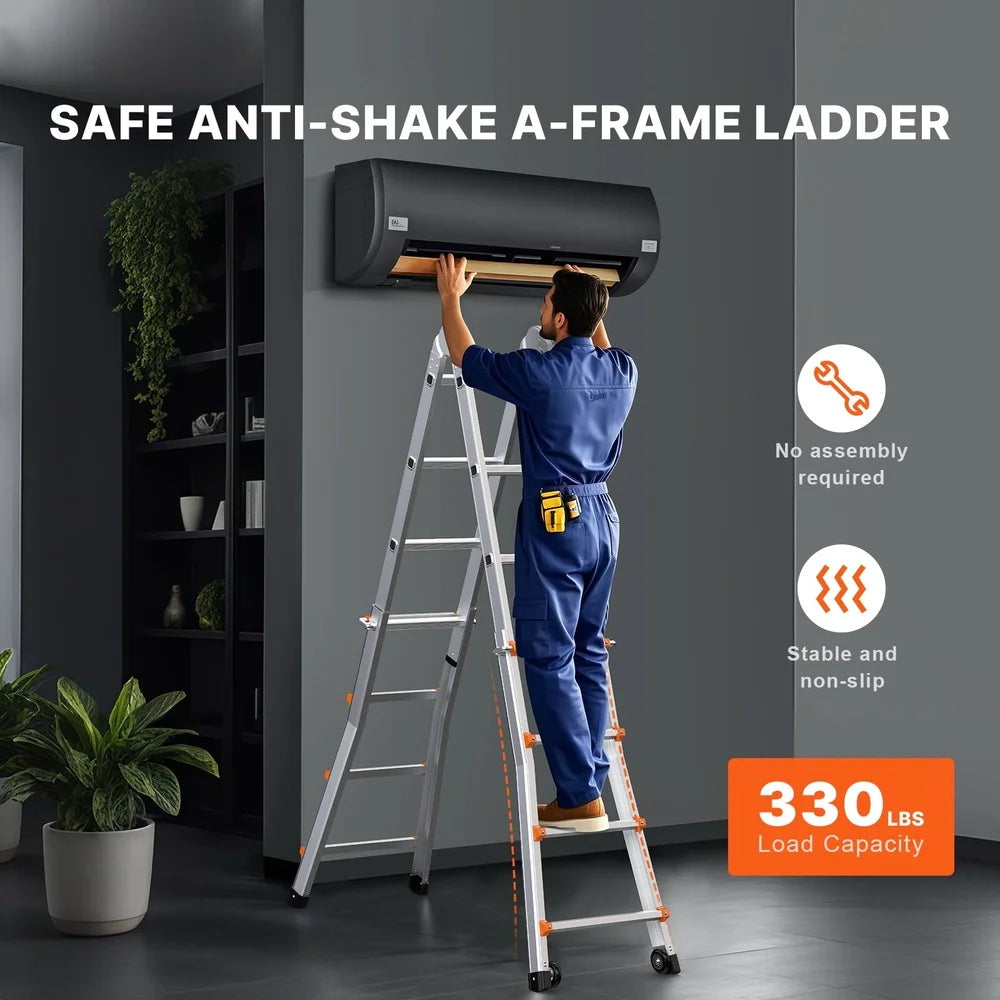 Adjustable A-Frame Ladder 16.7FT Lightweight Aluminum Telescoping Ladder Non-Slip Design Versatile Foldable Home Garden Repairs