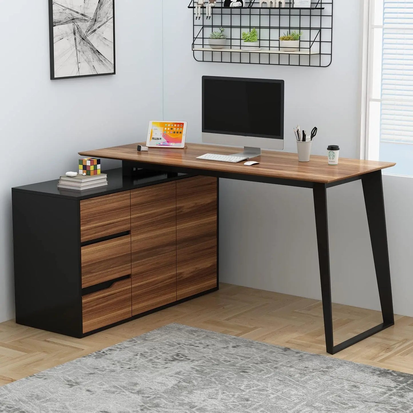 Home Office Computer Desk Corner Desk with 3 Drawers and 2 Shelves, 55 Inch Large L-Shaped Study Writing Table with Storage