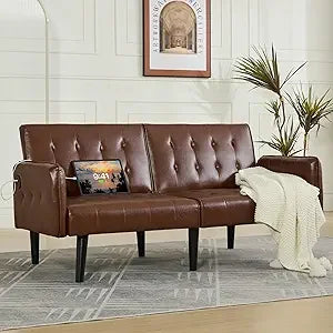 Modern Faux Leather Upholstered Convertible USB Folding Futon Sofa Bed, 65" Couch, Love Seats Furniture for Small Space Configu