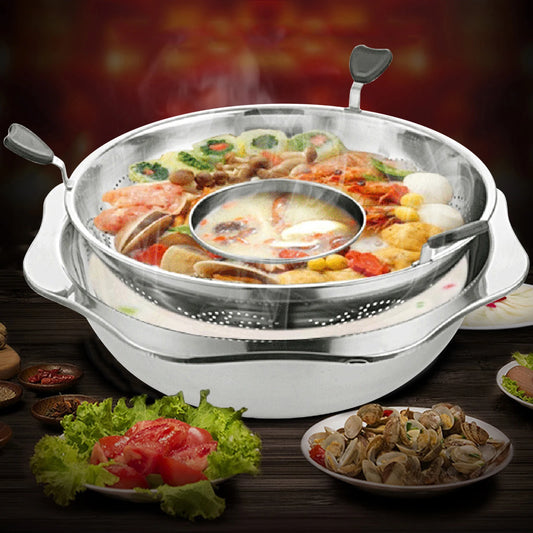 32cm Stainless Steel Rotating Hot Pot W/soup Filtering Grid, Mandarin Ducks Hotpot Detachable Double Layer Design