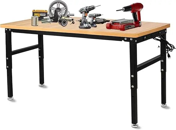 60'' Adjustable Work Bench with Power Outlet, Work Table for Garage,2000 Lbs Capacity Hardwood Workbench,Heavy Duty Table for Wo