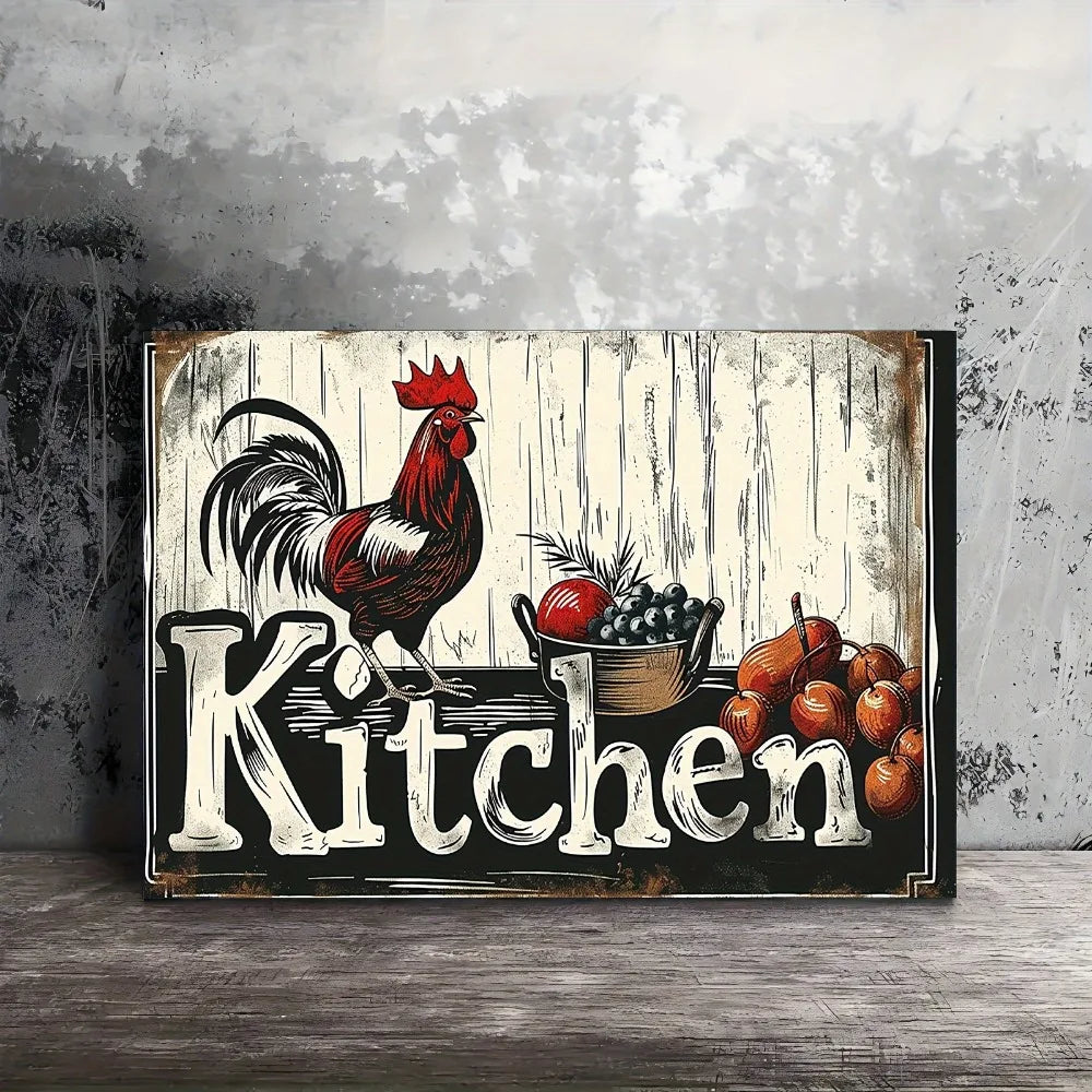 1.5 "chunky wood pine frame, interior art Deco, home decor mural, charming farmhouse kitchen canvas, chicken and food design