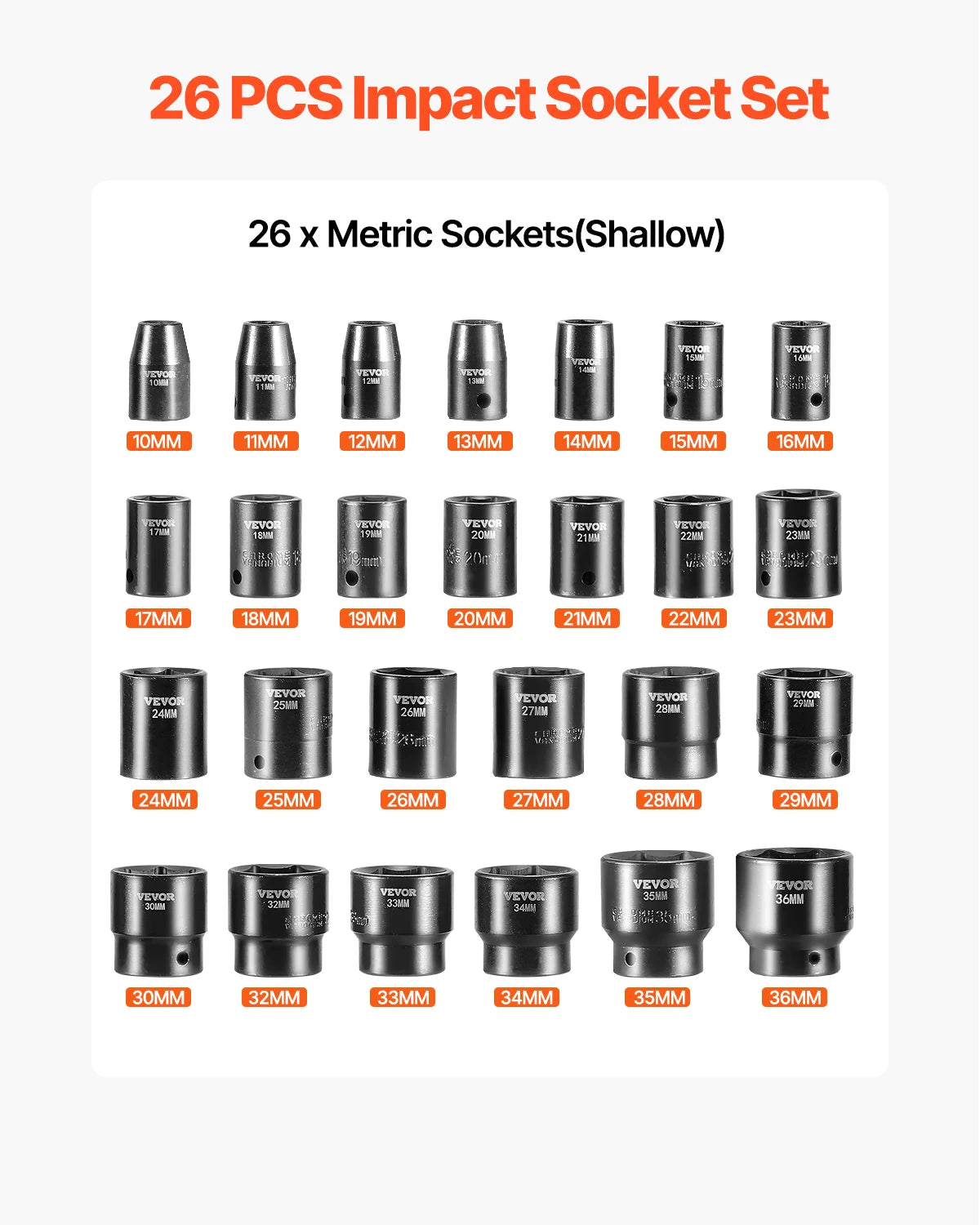 SucceBuy 1/2In 26Piece Impact Socket Set Impact Sockets Shallow Socket 6-Point Sockets 1/2 Inches Drive Socket Set Impact Metric