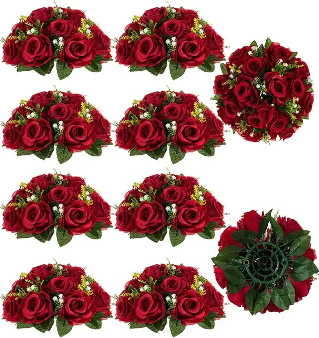 Flower Centerpieces for Tables Wedding: 10 Pcs Crimson Red Artificial Rose Flowers Balls Decoration - Fake Silk Kissing Floral
