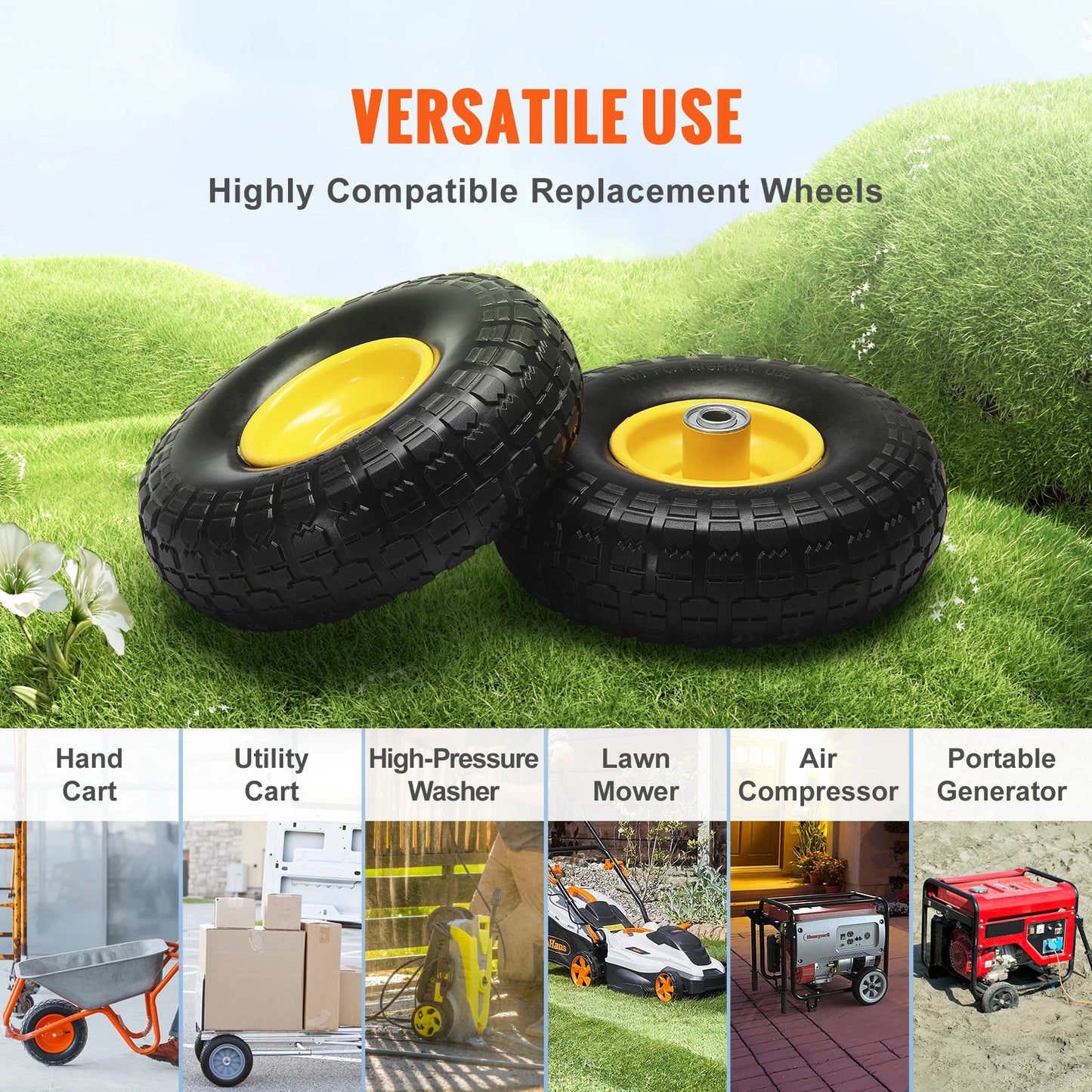 SucceBuy 2-Pack Solid PU Run-Flat Tire Wheel 10" Flat Free Tubeless Tires and Wheels for Dollies Garden Trailers Various Carts