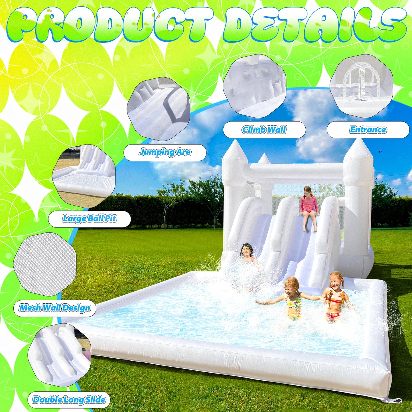 Kids Party Large 19ft Inflatable White Bounce House With Double Slide And Big Ball PIt Customization Oxford Bouncy Castle