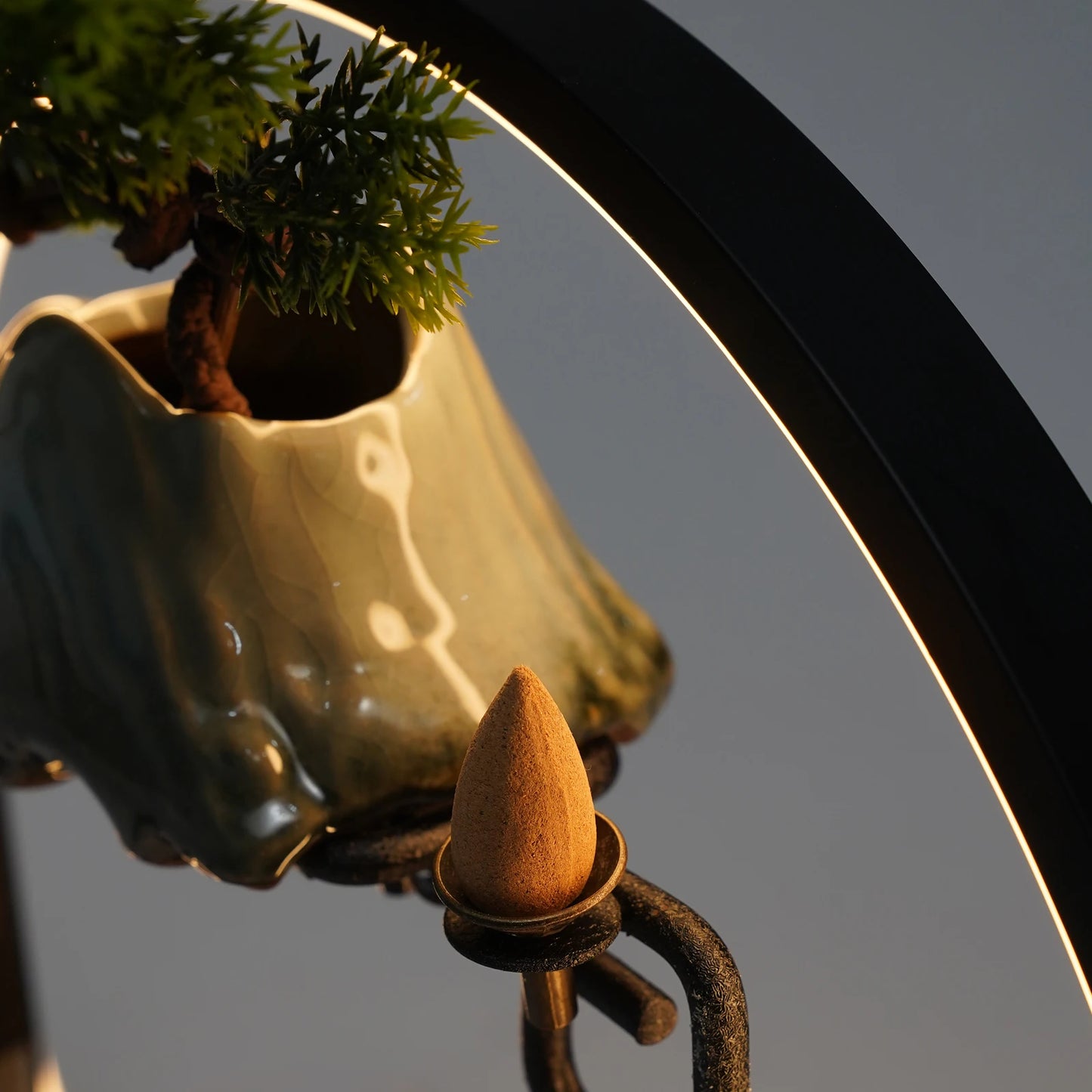 Indoor Ceramic Tabletop Fountain with LED Lights, Mist, Deer & Plants, Waterfall Design for Home, Spa & Yoga Relaxation