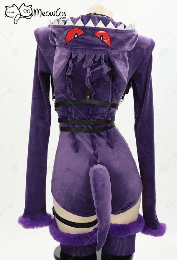 Meowcos Women Genga Cosplay Costume Halloween Purple Ghost Romper Bodysuit Plush Hooded and Socks with Belt and Tail