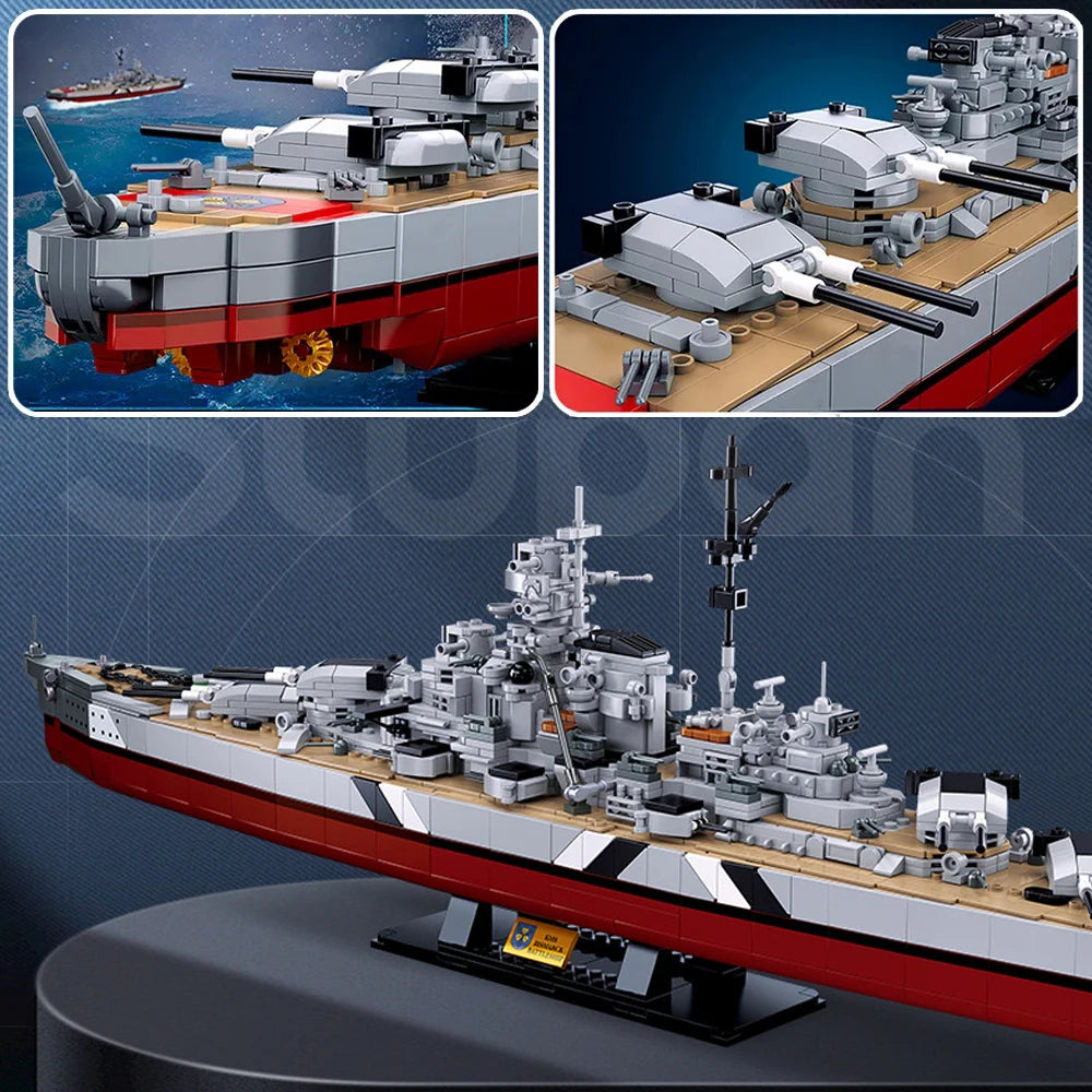2 IN 1 KMS Bismarck Battleship Building Blocks WW2 Military Navy Warships Model Bricks Toy For Kids Birthday Gift MOC 1849PCS