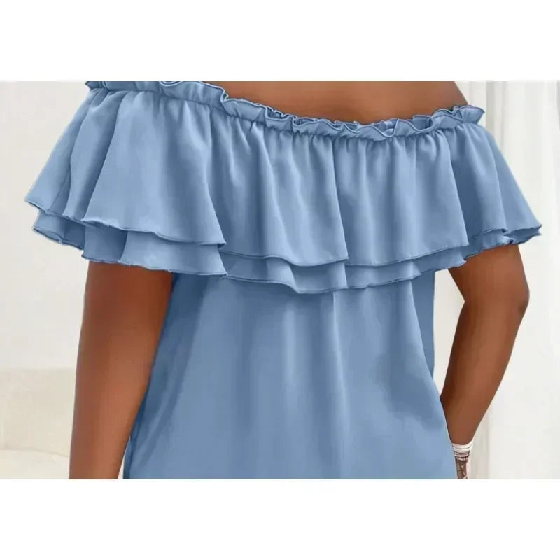 Women's Plus Size 1XL-5XL Summer  Casual Temperament Solid Color Ladies Fashion Short Sleeve Shirt One Shoulder Bow Top