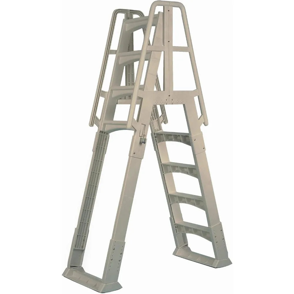 Vinyl Works SLA A-Frame 48-56 Inch Adjustable Above Ground Swimming Pool Ladder Entry System with Slide Lock Barrier and Handrai