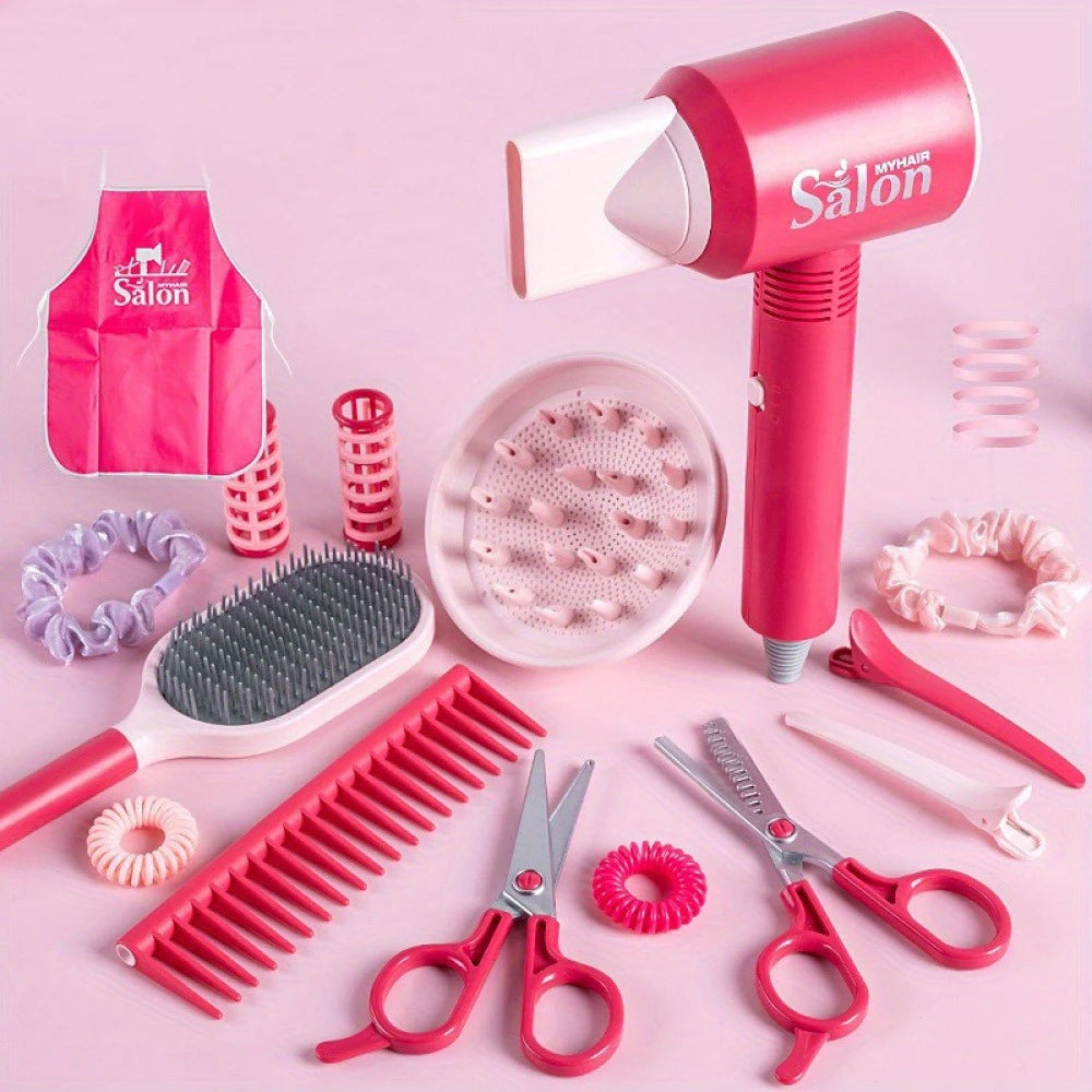 Girls Beauty Salon Set Fake Dress Up Stylist Barber Tool Kit with Hair Dryer Scissors Barber Apron and Styling Accessories