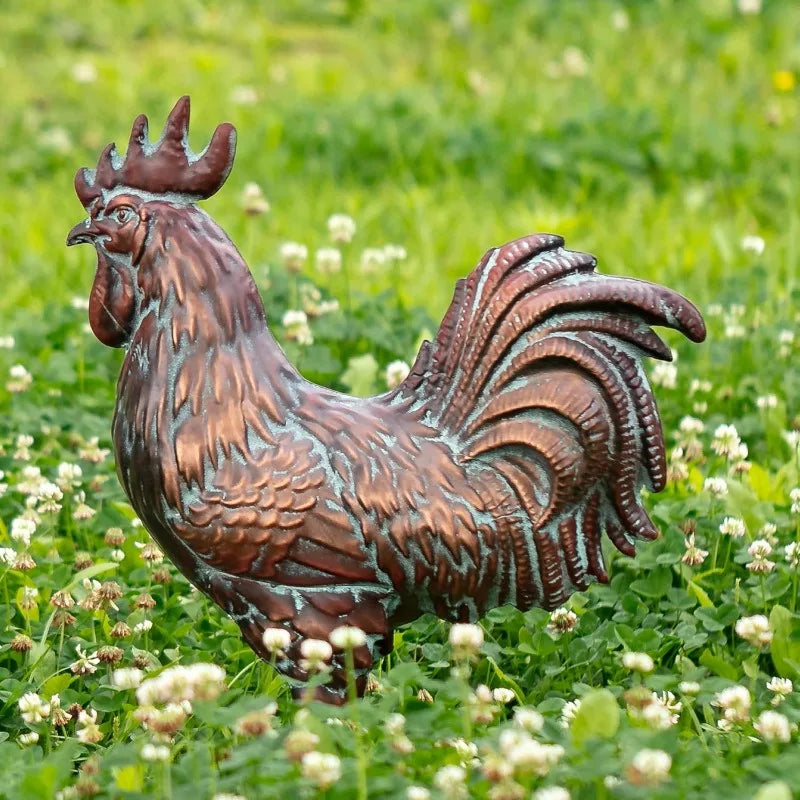 Garden Rooster Statues,15.7" L x 18.8" H Outdoor Metal Chicken Figurines,Antique Copper Chicken Sculptures & Statues Ornaments,3