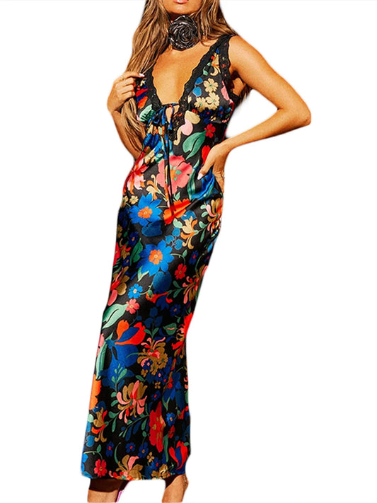 Women Slip Dress Sleeveless V-neck Flower Print Summer Dress Lace Patchwork Long Dress