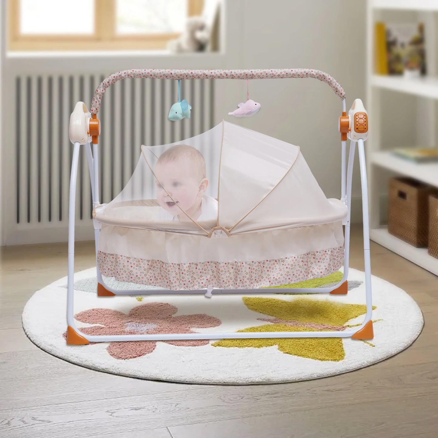 Electric Baby Crib Cradle Bluetooth&USB Foldable Auto-Swing Rocking Bassinet Sleep Bed Infant U-Shaped Pillow/Net/Toy Rack