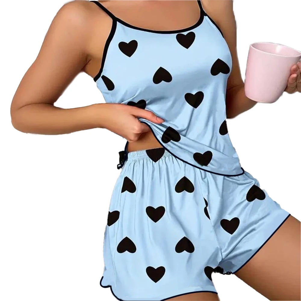 Women's Ice Silk Pajama Set – Pink Heart Print Short Sleeve T-Shirt & Shorts, Comfortable Summer Sleepwear