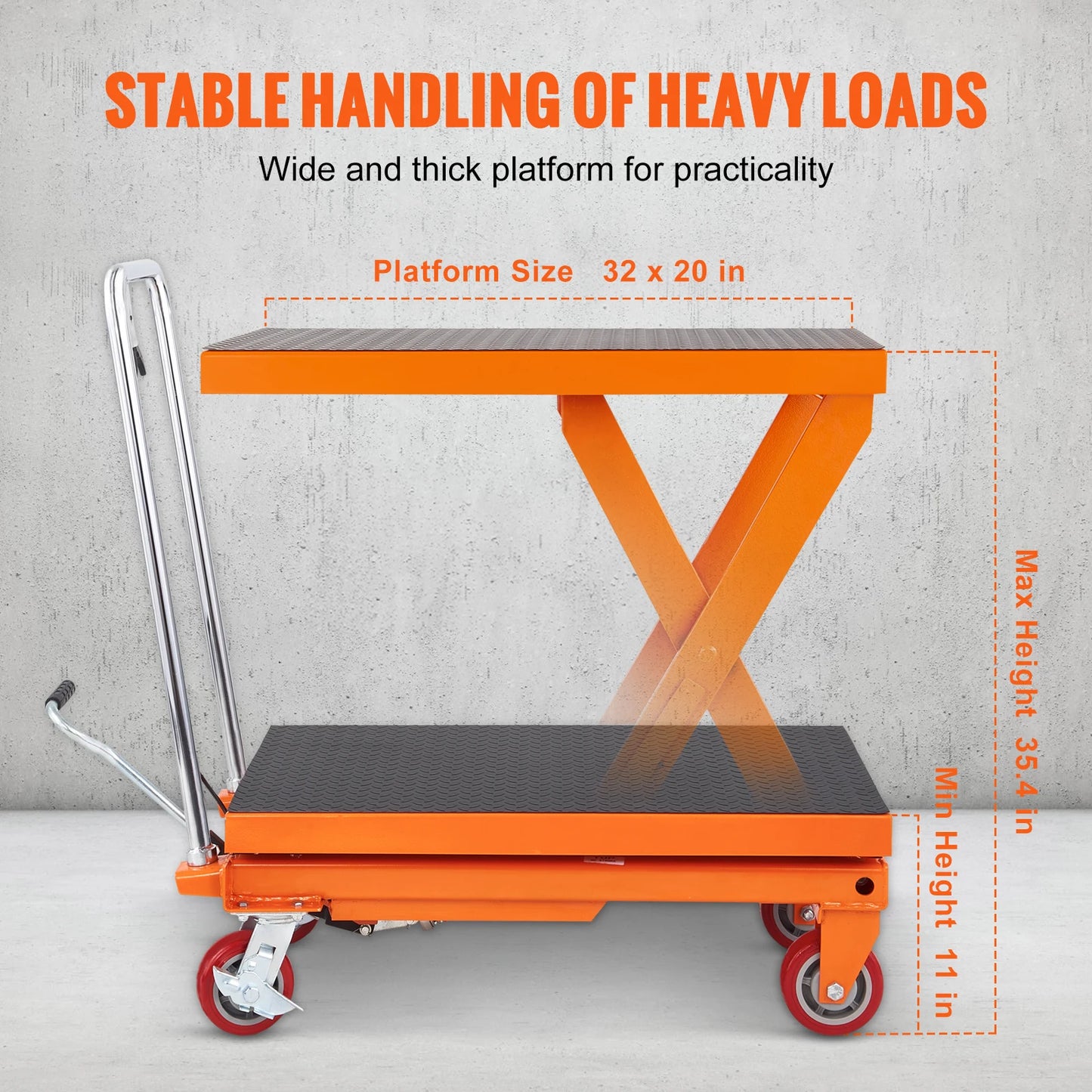 SucceBuy 1100lbs Hydraulic Lift Table Cart Manual Single Scissor 35.4" Lifting Height with 4 Wheels for Handling Transport