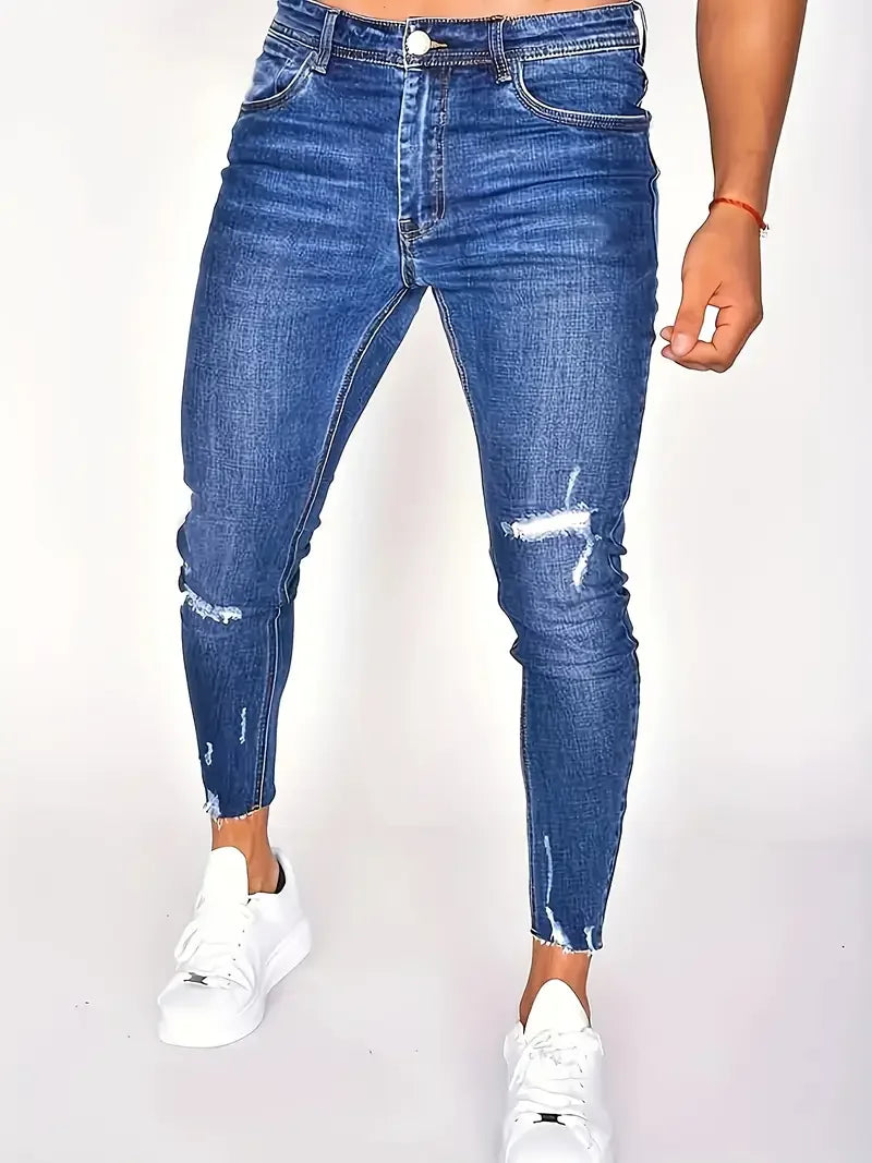 Men'S Slim Fit Distressed Warmth Jeans - Stretch Denim, Ripped Design, Mid-Rise, Cotton Blend, Perfect for Casual Street Style,
