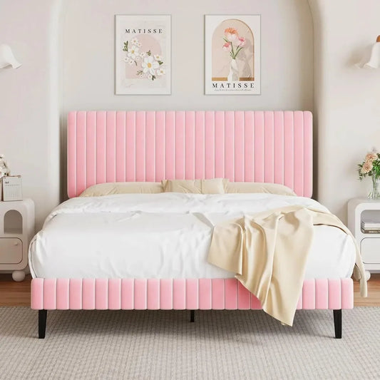 Queen Size Bed Frame with Headboard, Velvet Upholstered Platform Bed with Vertical Channel Tufted Design, No Box Spring Required