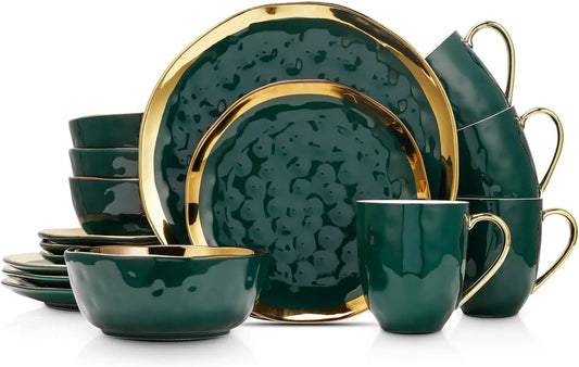 Florian Modern Porcelain 16 Piece Dinnerware Set, Plates and Bowls Set, Dish set for 4, Green and Golden Rim