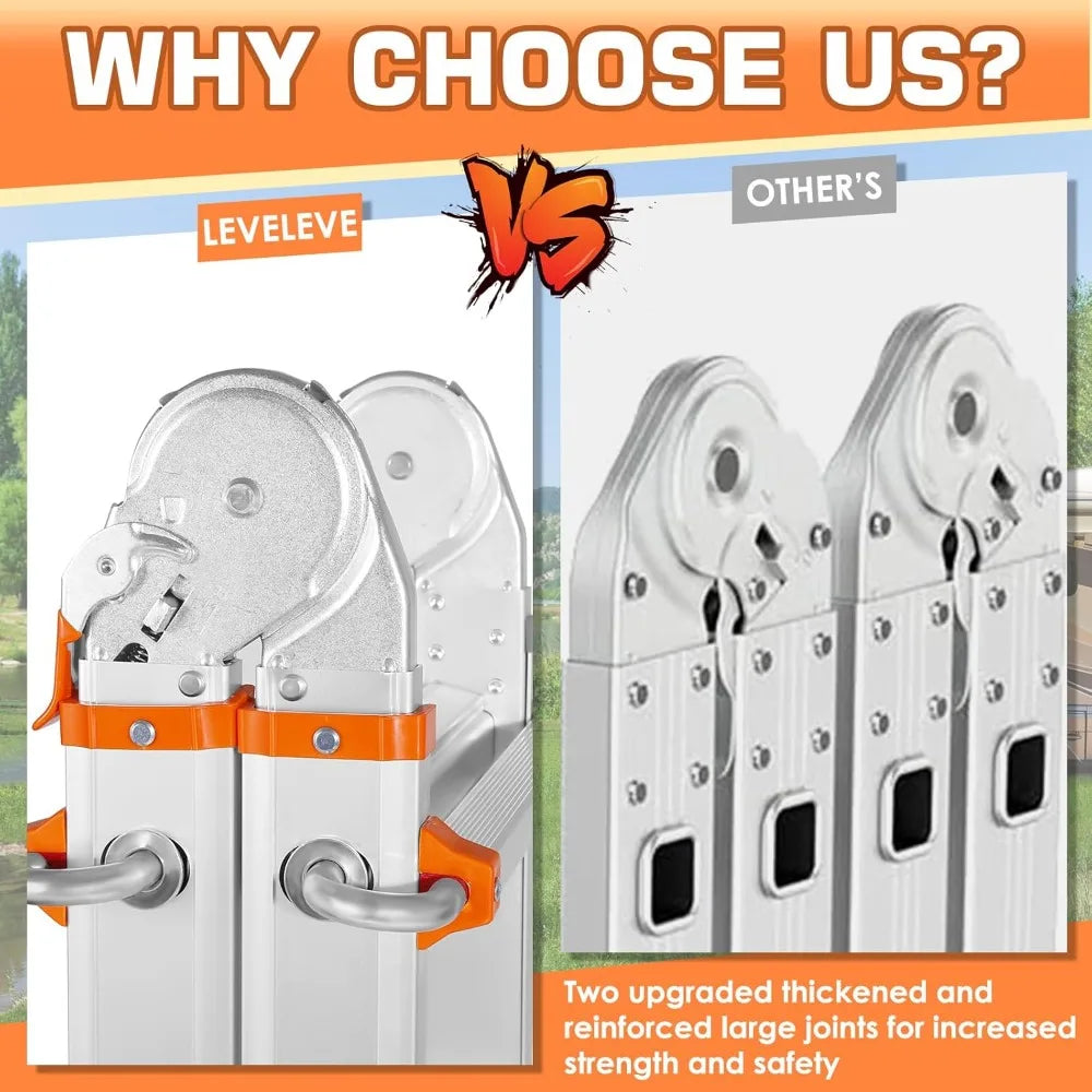 Telescoping A Frame Ladder, 17FT Multi Position Ladder w/ Stabilizer Bar & Wheels, 330lb Capacity for Stairs & Home