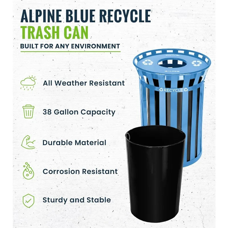 Commercial Outdoor Trash Can - 38 Gallon Heavy Duty Blue Recycle Garbage Can with Liner, Open Top Lid, All Weather Resist