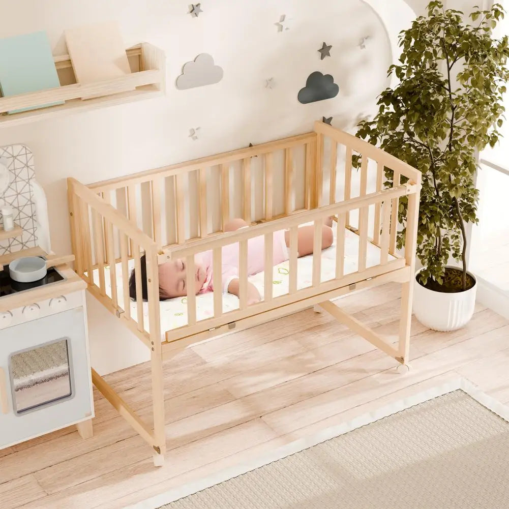 Wooden Bedside Bassinet, Pine Wood Crib With Detachable Fence And Wheels, Baby Bed Crib For Newborns And Infants