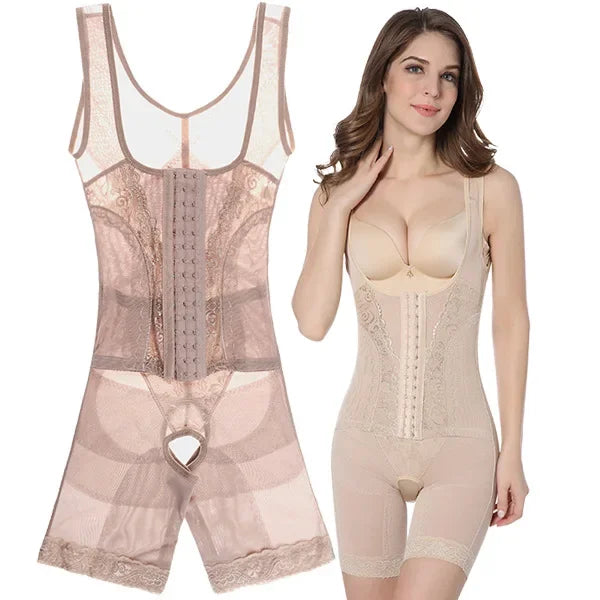 Three-Row Button Bodysuit Open-Crotch Pressure Abdomen Net Lace Body Shaping Underwear Thin Summer Suitable for Men And