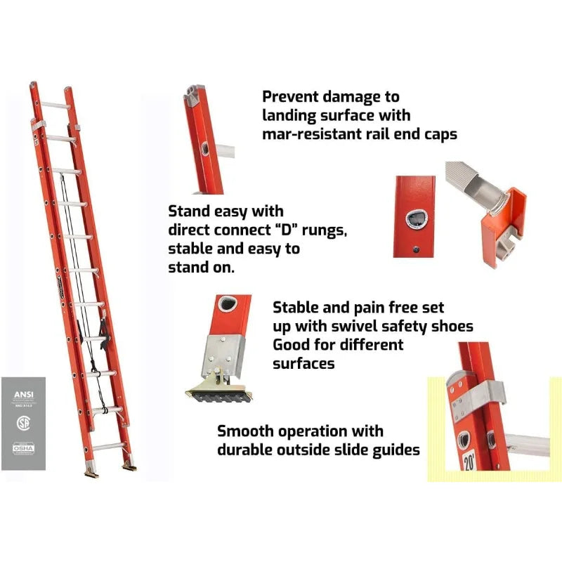 Louisville Ladder FE3220 Foot Extension Ladder, 20 ft, Orange