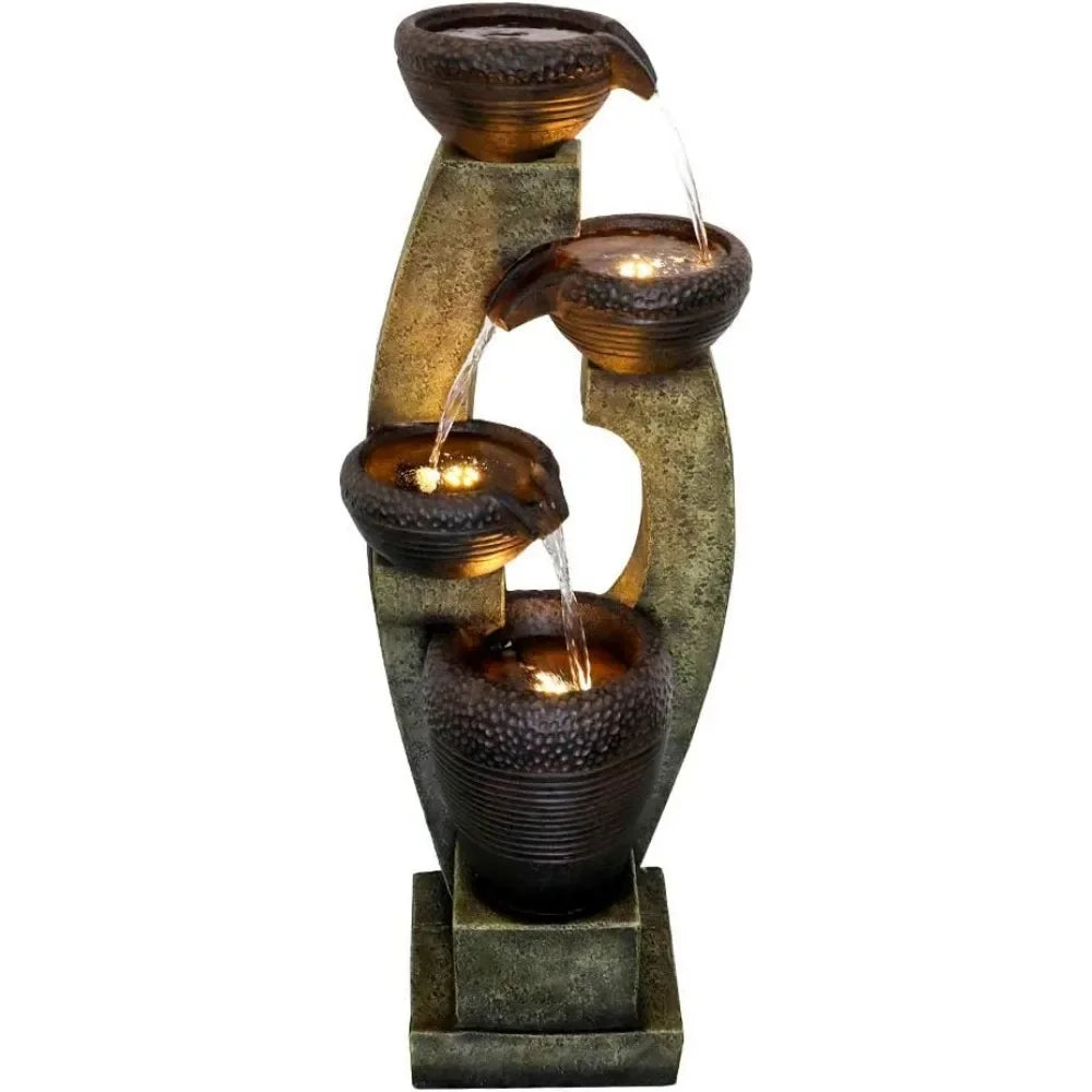 Modern Outdoor Fountain - 4 Crocks Outdoor Garden Fountains with Contemporary Design&LED Light for Garden,Patio, Deck, Porch