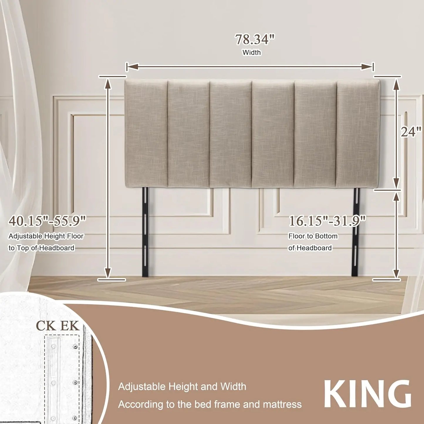 Upholstered Headboard Foldable King Size Headboards Eastern King/California King Linen Panel with Height Adjustments