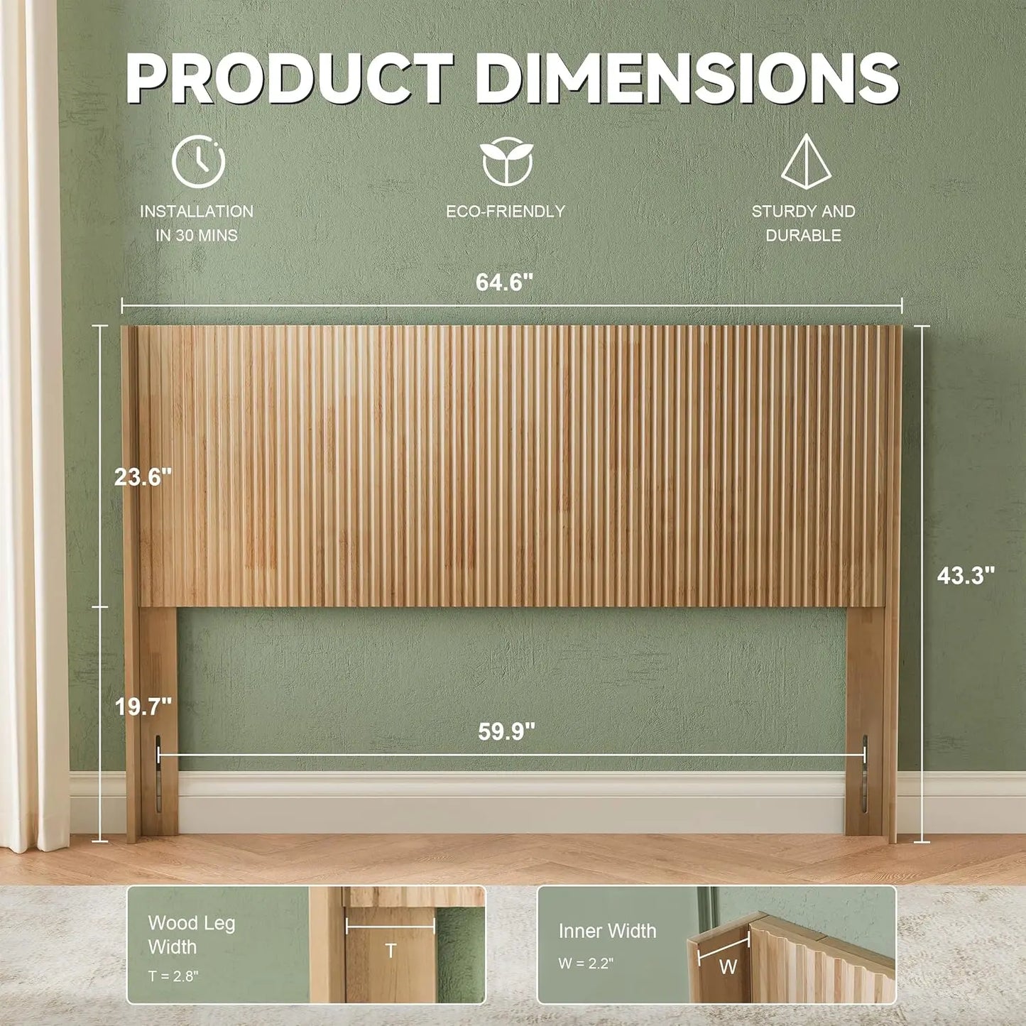 Wood Headboard Queen Size, 64.6" Wide Wooden Queen Headboard Only, Modern Farmhouse Headboards, Wall Mounted Fluted Panel
