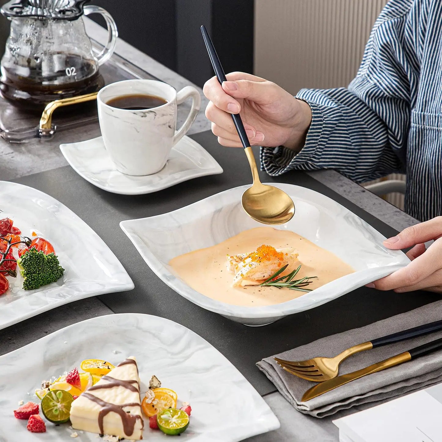 Dinnerware Sets for 6, 30 Piece Porcelain Plates and Bowls Sets, Marble Dish Set with Plates and Bowls, Cup and Saucer, Square P