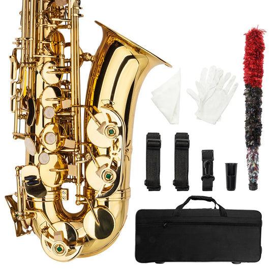 Eb Alto Saxophone Brass Lacquered Alto Sax Wind Instrument with Carry Case Gloves Straps Cleaning Cloth Brush