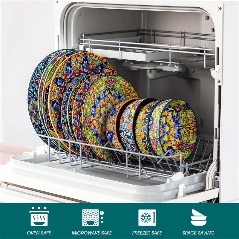 12Pcs Bohemian Style Ceramic Dinnerware Set Plates and Bowls For 4 Dinner Tray Dessert Plate/Cereal/Pasta Bowl Kitchen Tableware