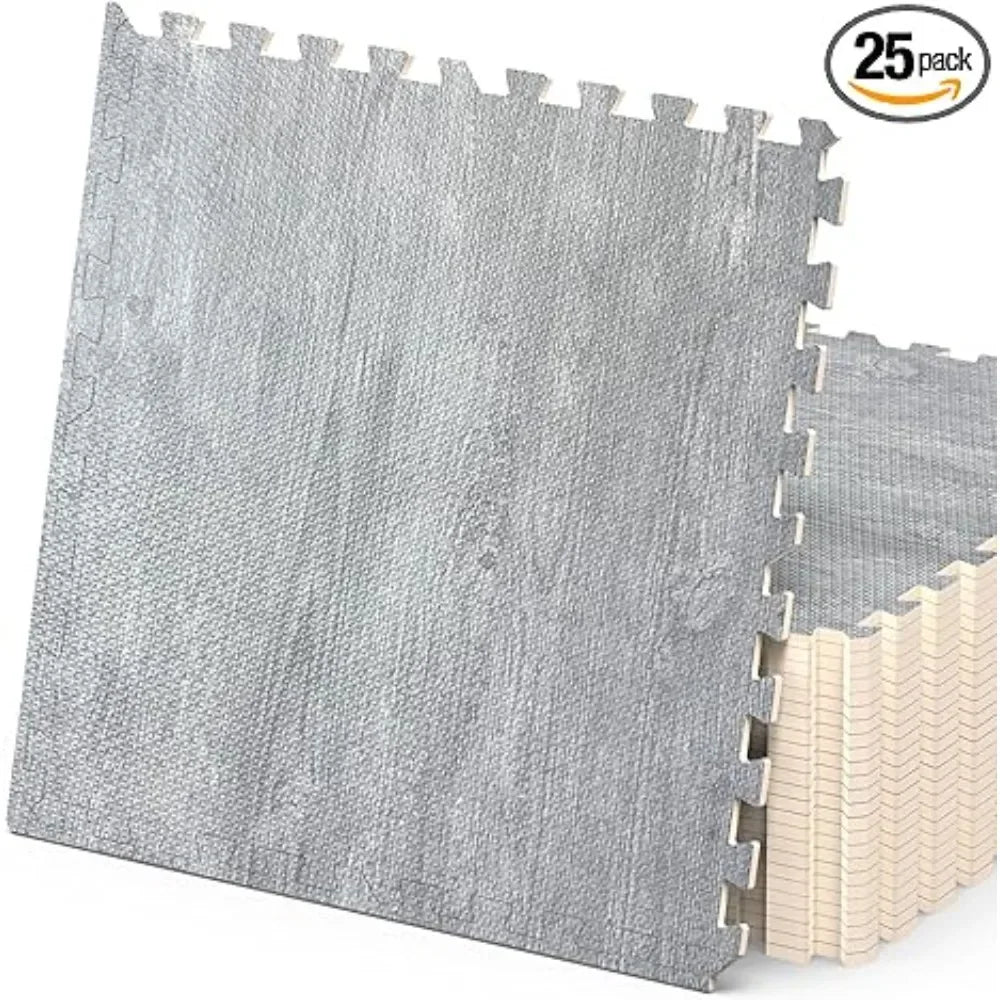 100 Sq. Ft 3/8 Inch Thick Printed Foam Tiles Interlocking Foam Mat, 24" x 24", 25 pcs, Grey Wood Grain Style Print Carpet